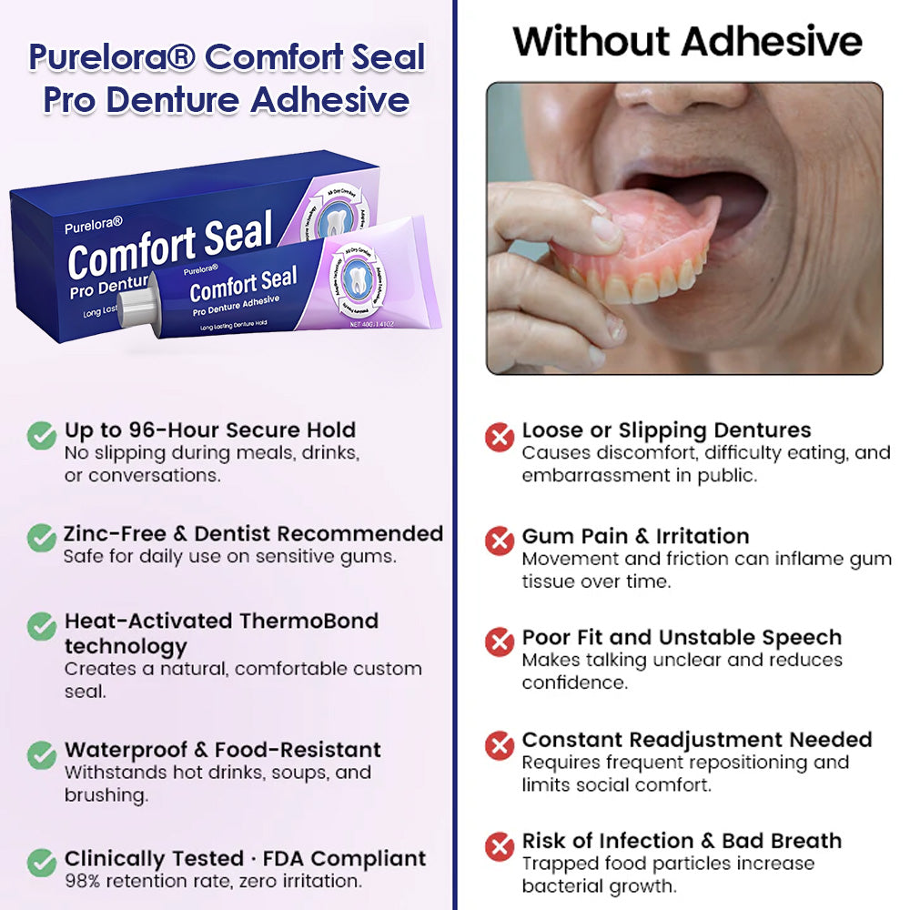 🔥 Limited-Time Offer 🔥 Purelora® Comfort Seal Pro Denture Adhesive 🦷💜 FDA-certified (clinically proven to provide a secure hold for up to 96 hours; comfortable, safe, and zinc-free)