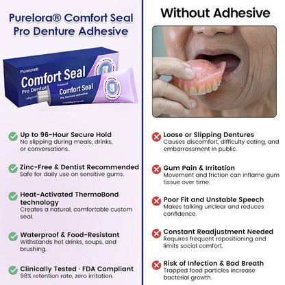 🔥 Limited-Time Offer 🔥 Purelora® Comfort Seal Pro Denture Adhesive 🦷💜 FDA-certified (clinically proven to provide a secure hold for up to 96 hours; comfortable, safe, and zinc-free)