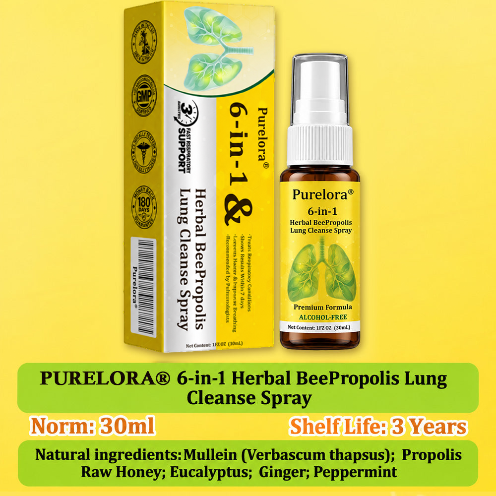 🏅🍀🐝🇬🇧 Official Store:Purelora® 6-in-1 Herbal BeePropolis Lung Cleanse Spray（👨‍⚕️Directly acts on COPD, asthma, chronic bronchitis (CB), respiratory infections, lung cancer, sinusitis, and other conditions🫁）